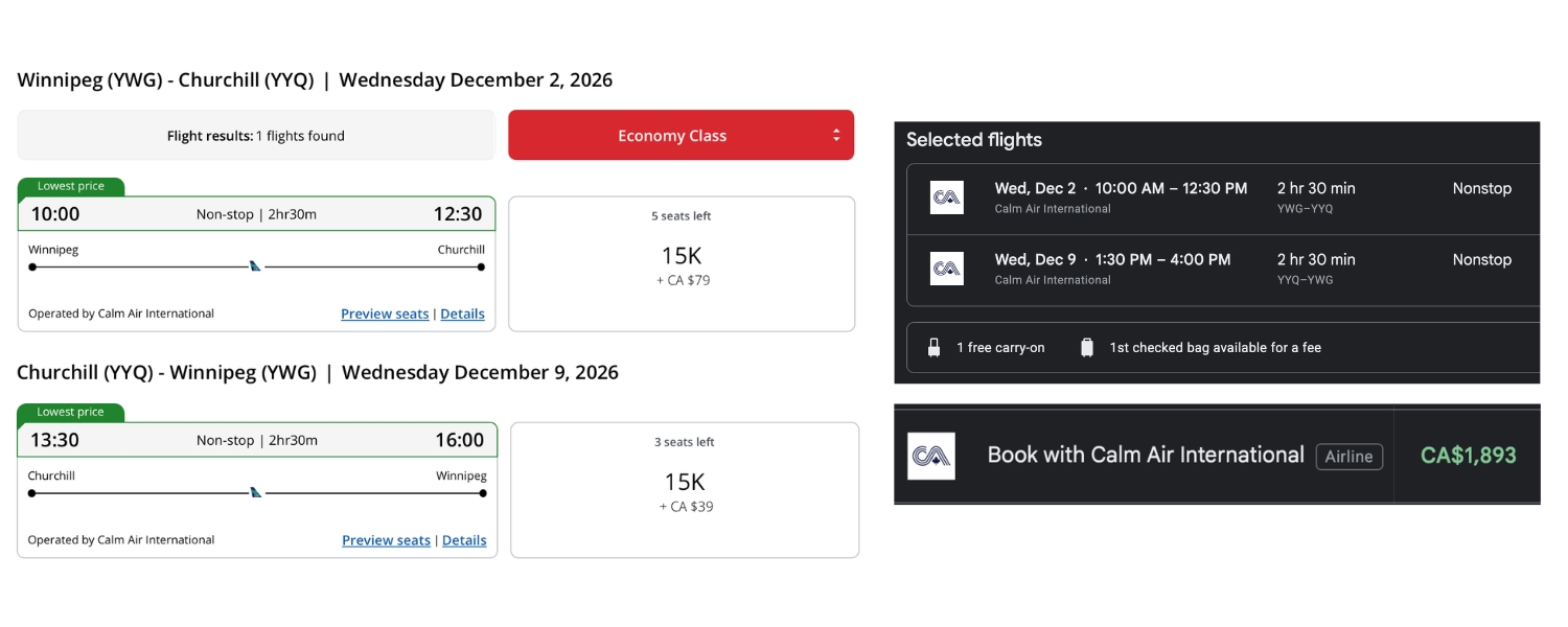 Winnipeg to Churchill and Churchill to Winnipeg Aeroplan award pricing