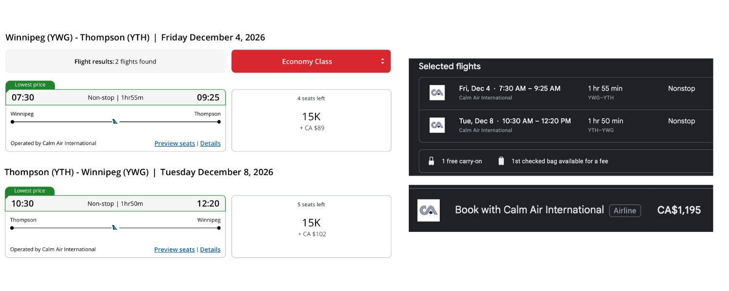 Winnipeg to Thompson and Thompson to Winnipeg Aeroplan award pricing