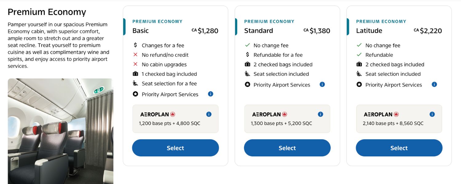 Air Canada Premium Economy Basic, Standard, and Latitude pricing Toronto to Frankfurt