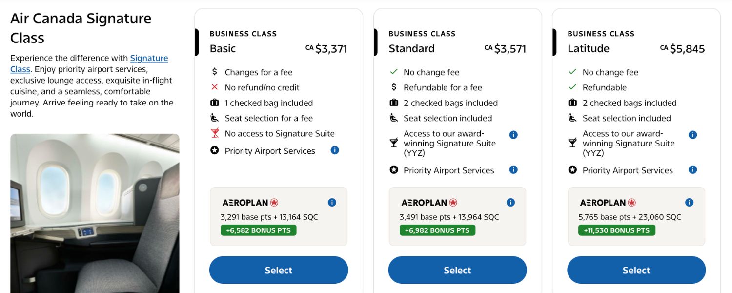 Air Canada Business Class Basic, Standard, and Latitude pricing Toronto to Frankfurt