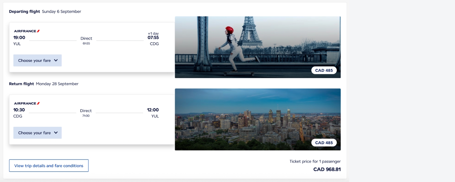 Cash fare Montreal to Paris round trip