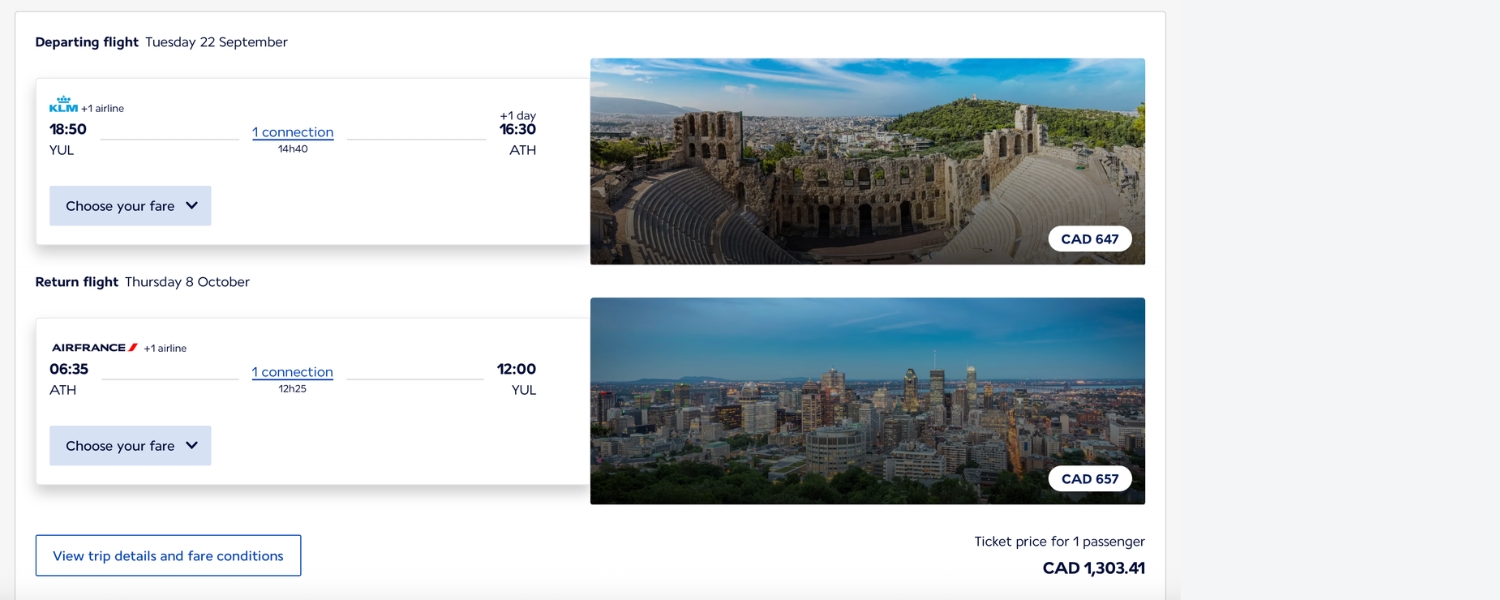 Cash fare Montreal to Athens round trip