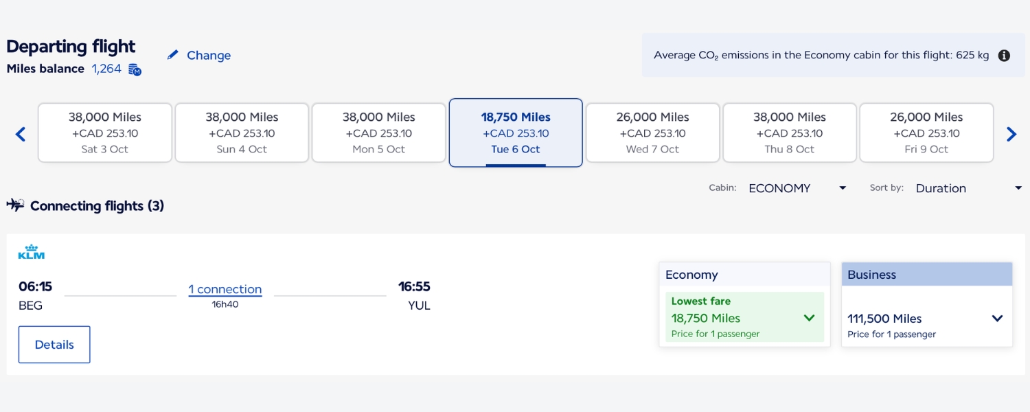Flying Blue award return Belgrade to Montreal