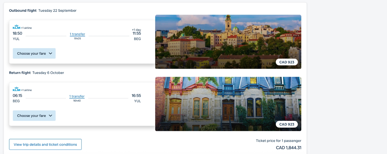 Cash fare Montreal to Belgrade round trip
