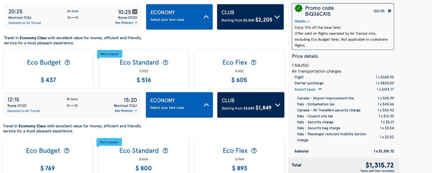 Air Transat Montreal to Rome price breakdown with promo discount applied
