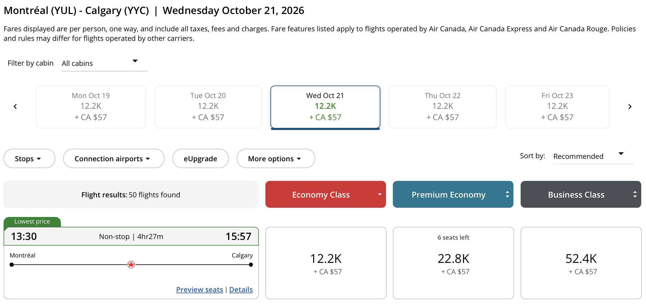 Calgary to Montr&eacute;al Aeroplan &ndash; Inbound availability