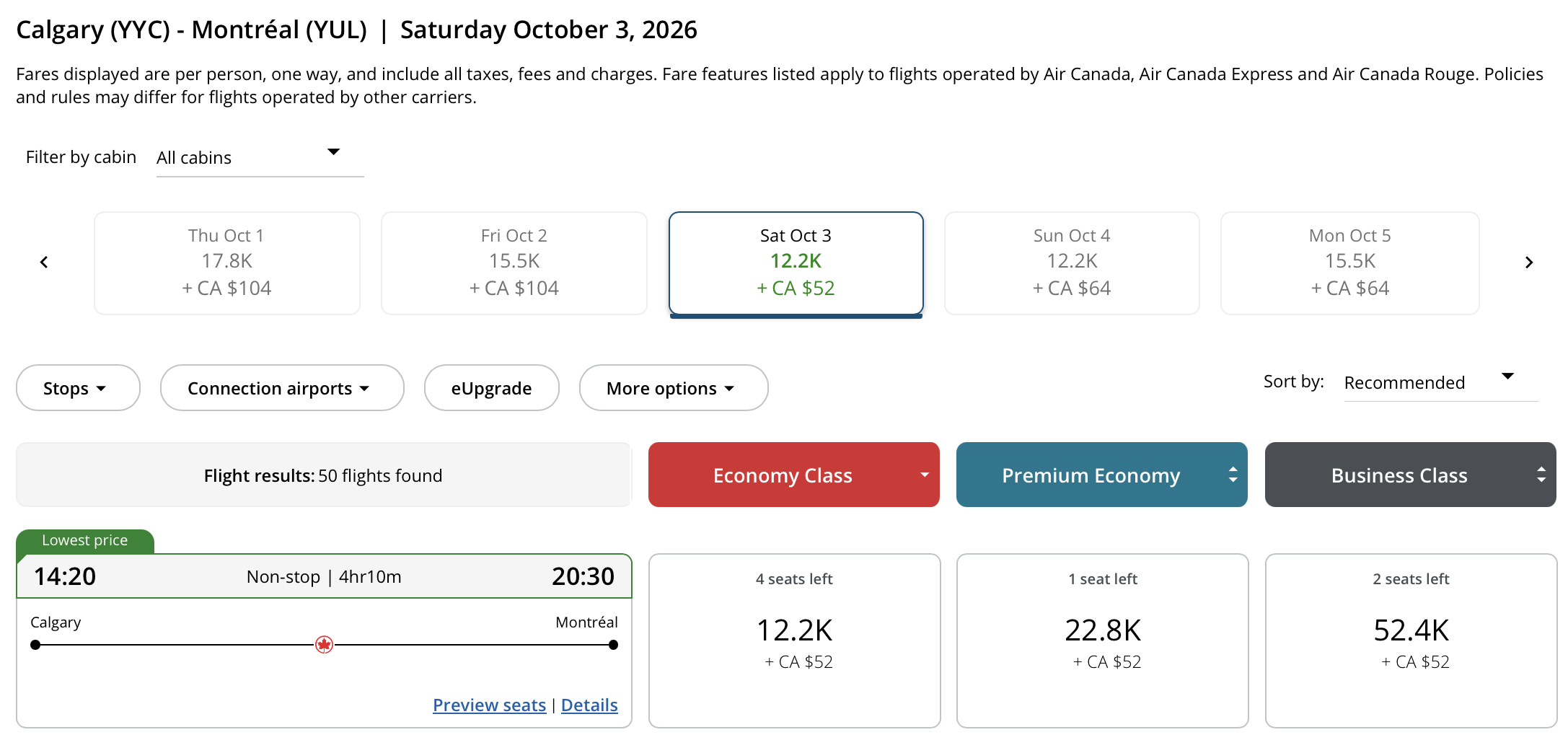 Calgary to Montr&eacute;al Aeroplan &ndash; Outbound availability