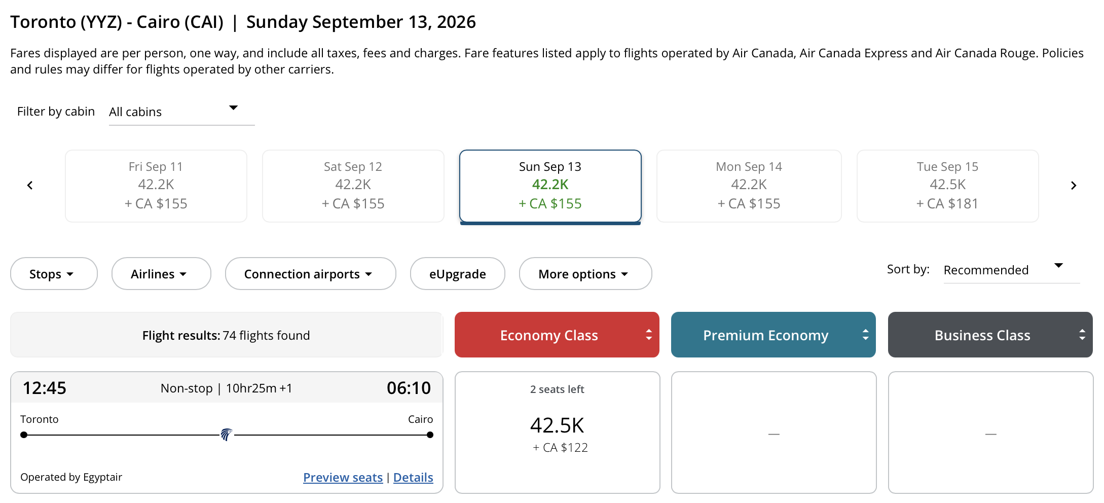 Toronto to Cairo Aeroplan &ndash; Outbound availability