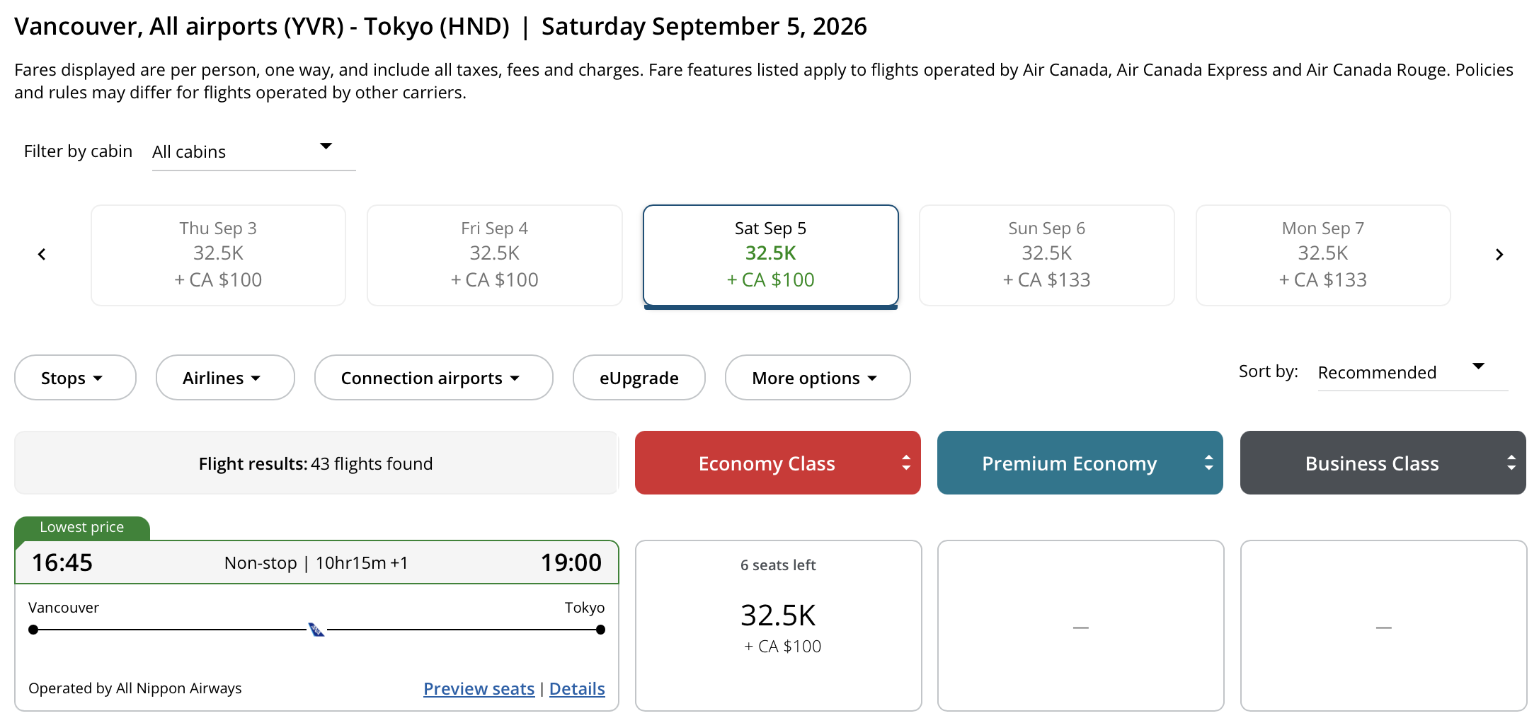 Vancouver to Tokyo Aeroplan &ndash; Outbound availability