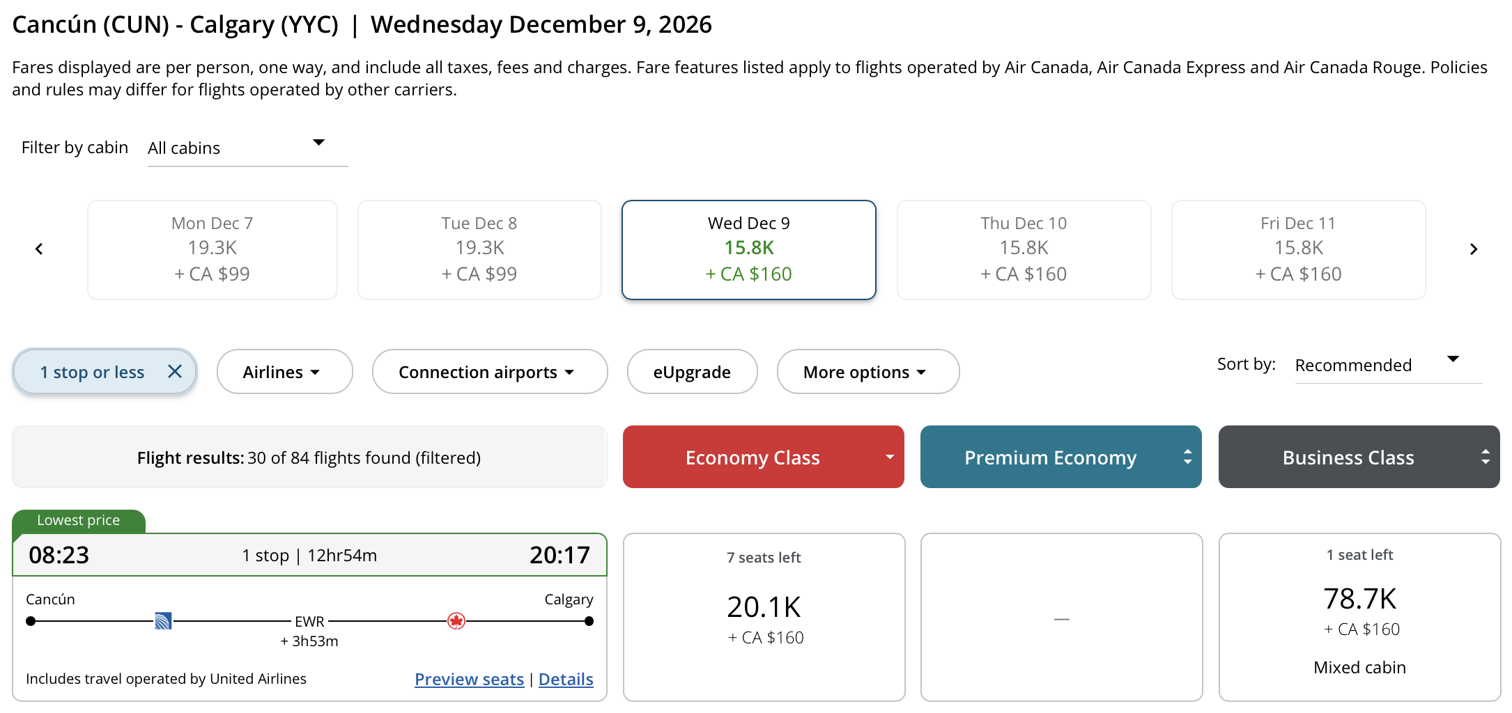 Calgary to Cancún Aeroplan – Inbound availability
