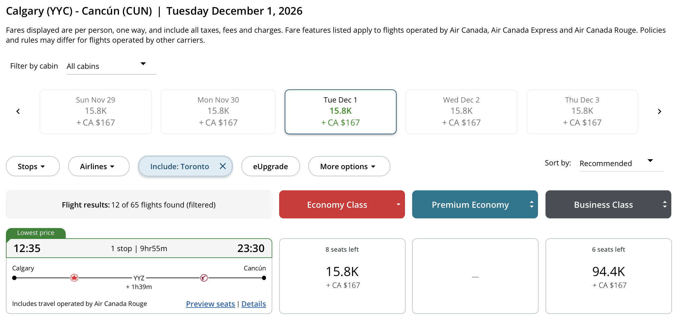 Calgary to Cancún Aeroplan – Outbound availability