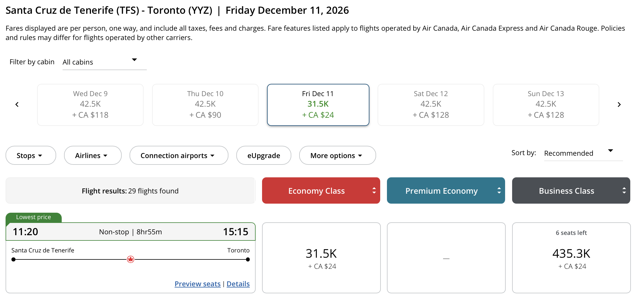 Toronto to Santa Cruz de Tenerife Aeroplan – Inbound availability