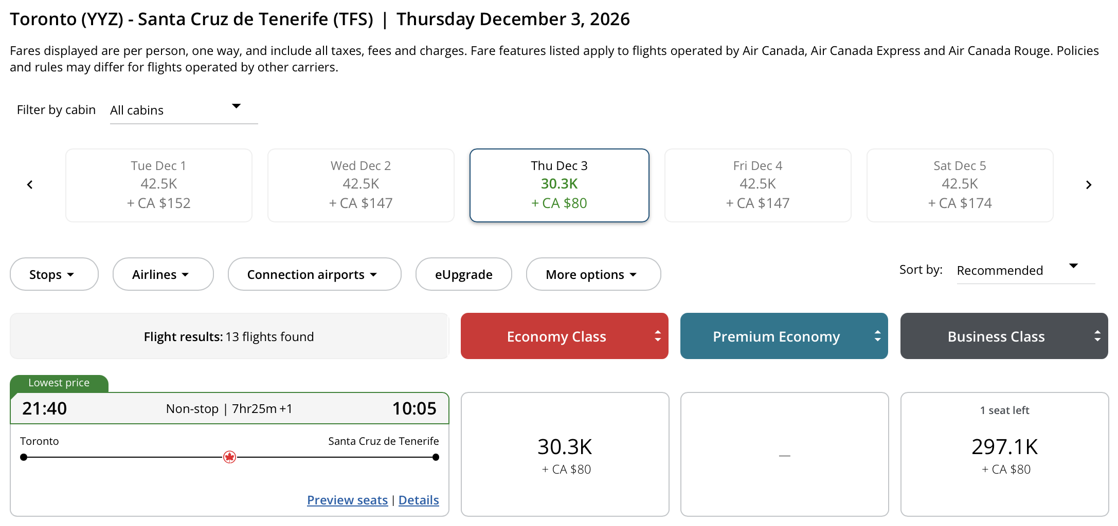 Toronto to Santa Cruz de Tenerife Aeroplan – Outbound availability