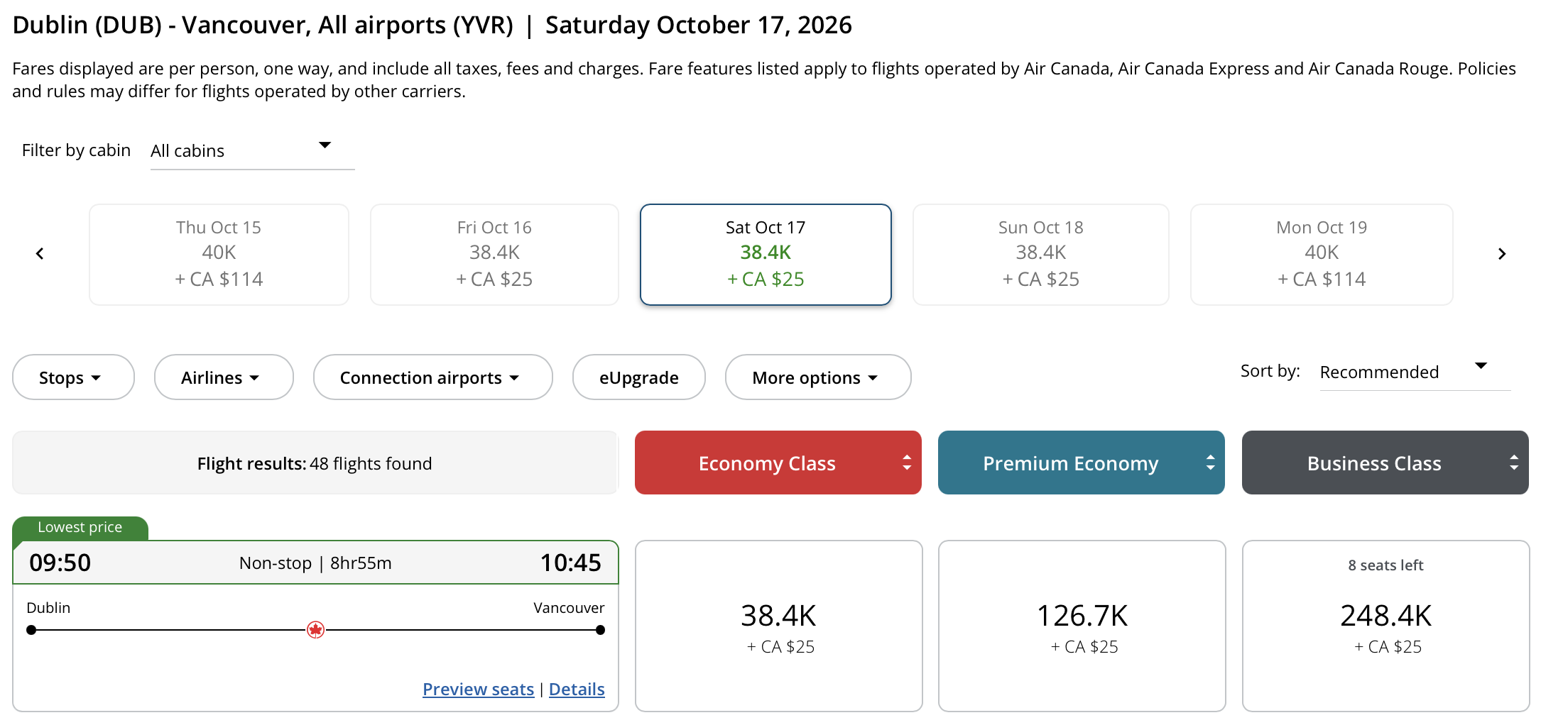 Vancouver to Dublin Aeroplan – Inbound availability