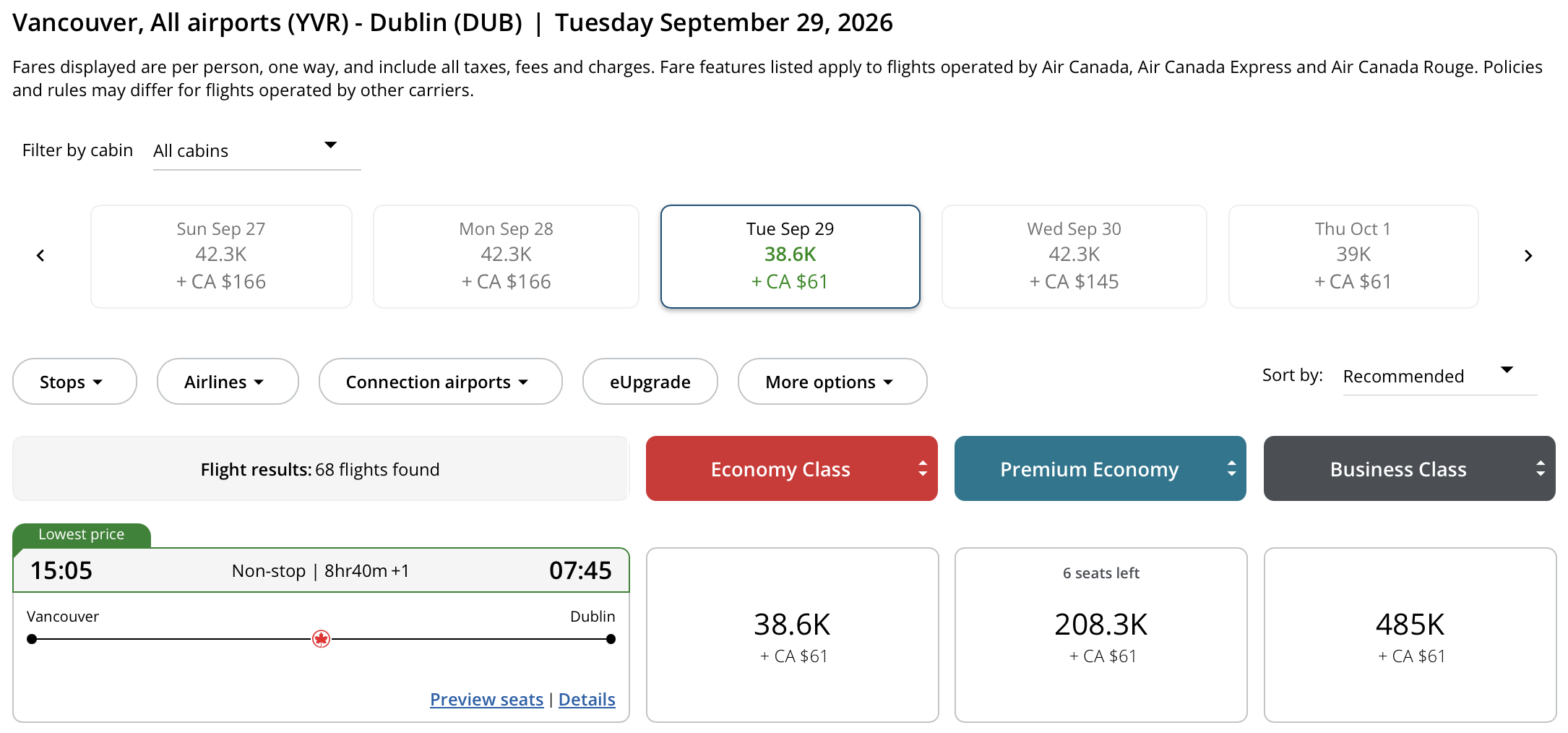 Vancouver to Dublin Aeroplan – Outbound availability