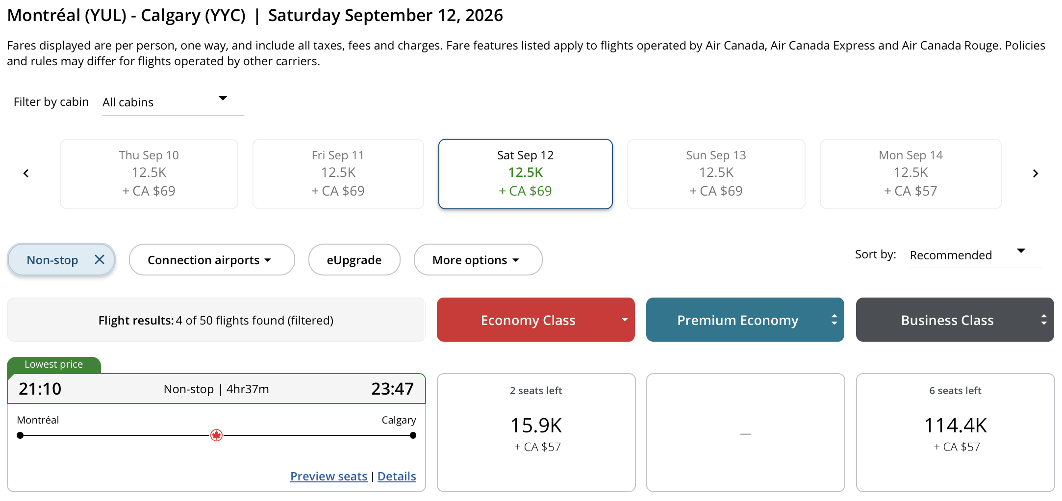 Calgary to Montr&eacute;al Aeroplan – Inbound availability