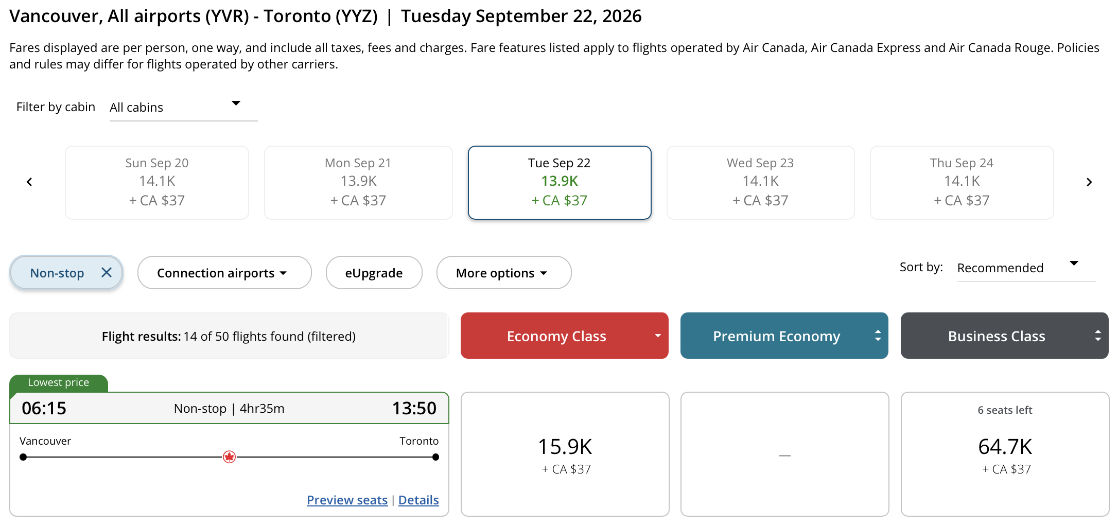 Toronto to Vancouver Aeroplan – Inbound availability