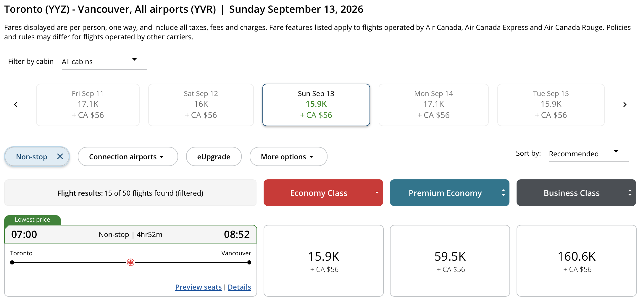 Toronto to Vancouver Aeroplan – Outbound availability