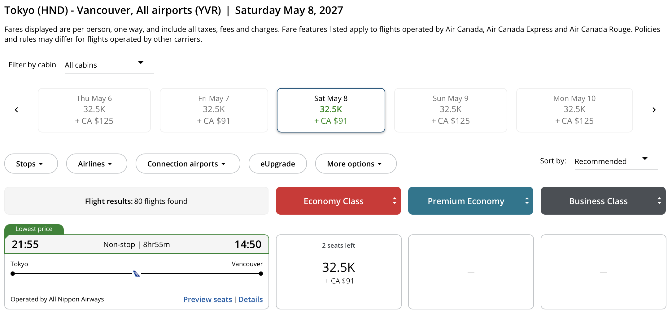 Vancouver to Tokyo Aeroplan – Inbound availability