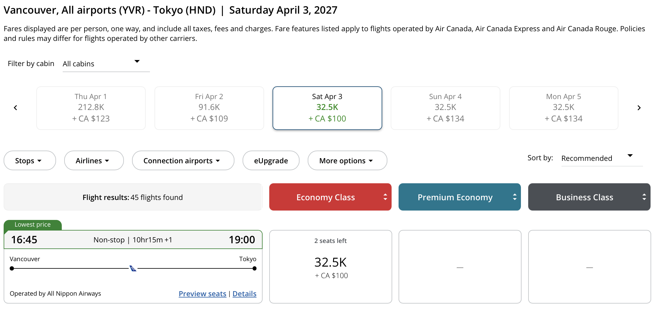 Vancouver to Tokyo Aeroplan – Outbound availability