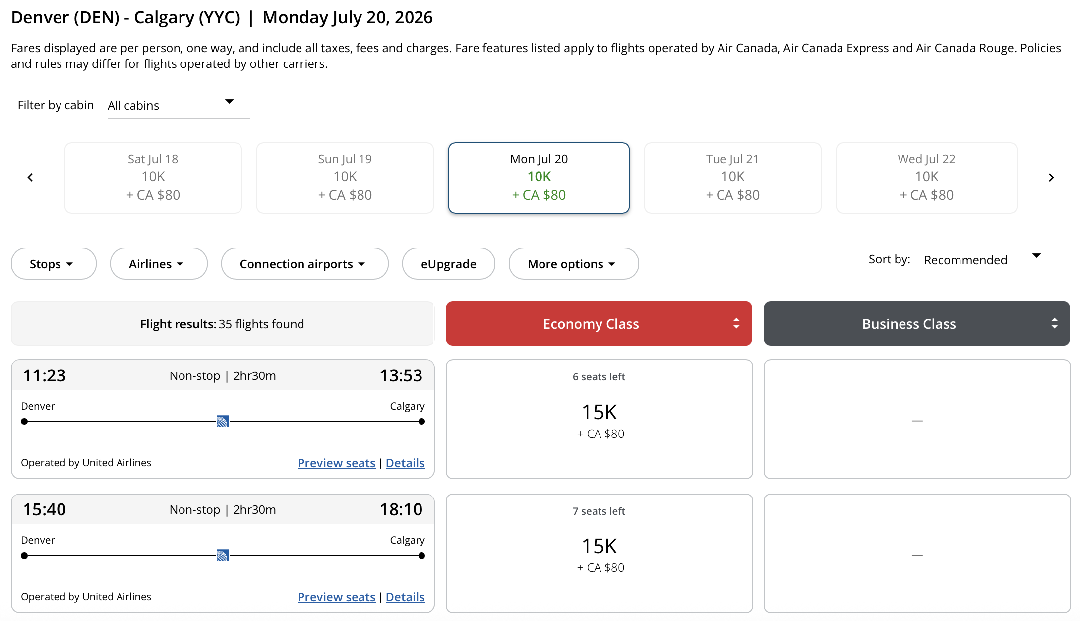 Calgary to Denver Aeroplan – Inbound availability