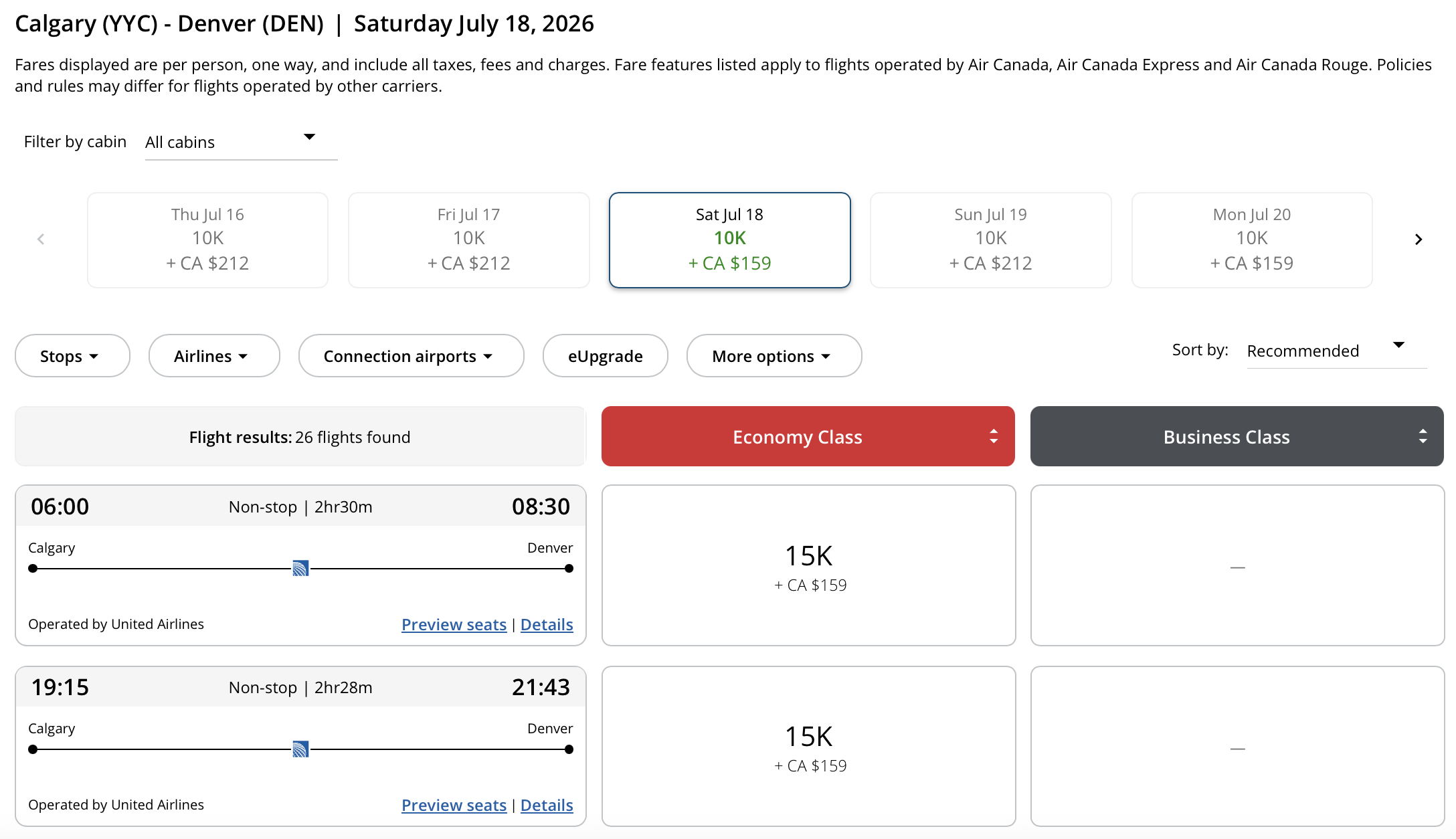 Calgary to Denver Aeroplan – Outbound availability