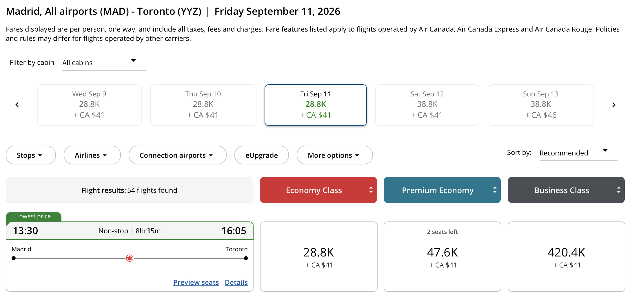 Toronto to Madrid Aeroplan – Inbound availability