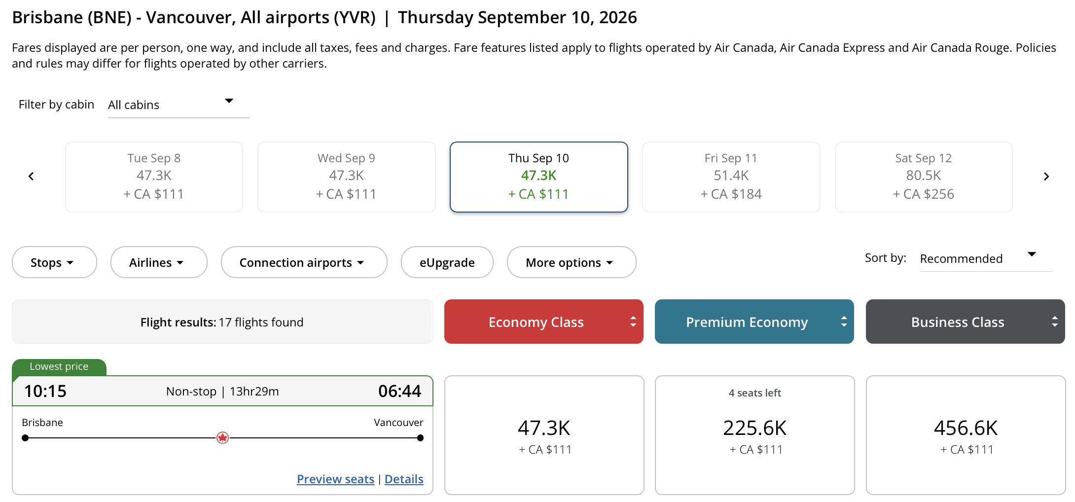 Vancouver to Brisbane Aeroplan – Inbound availability