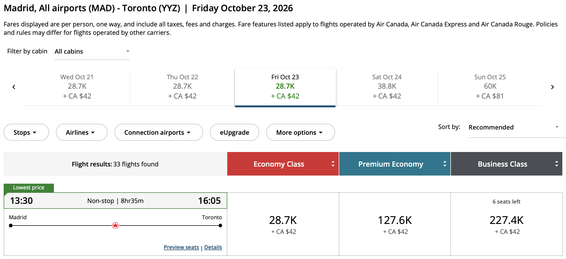 Toronto to Madrid Aeroplan – Outbound availability