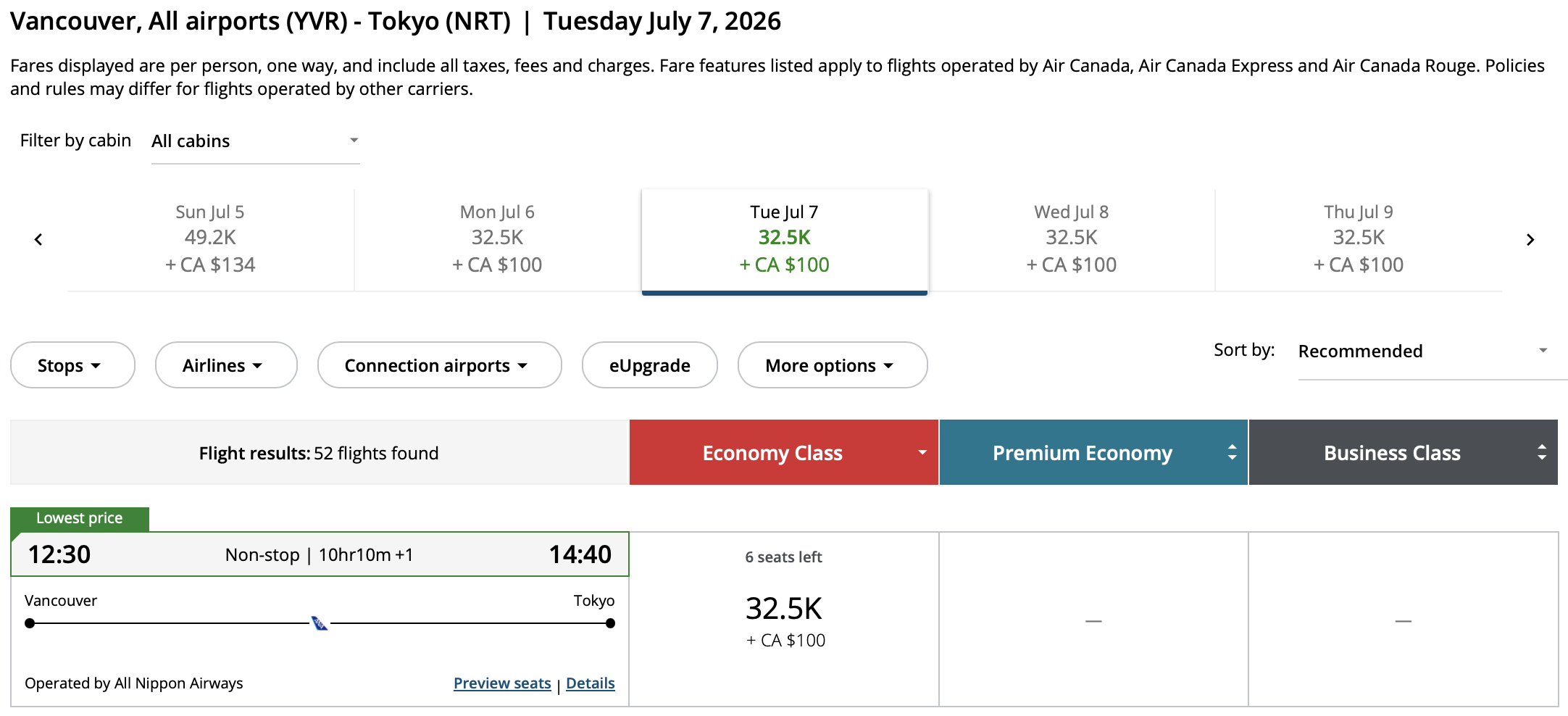 Vancouver to Tokyo Aeroplan – Outbound availability