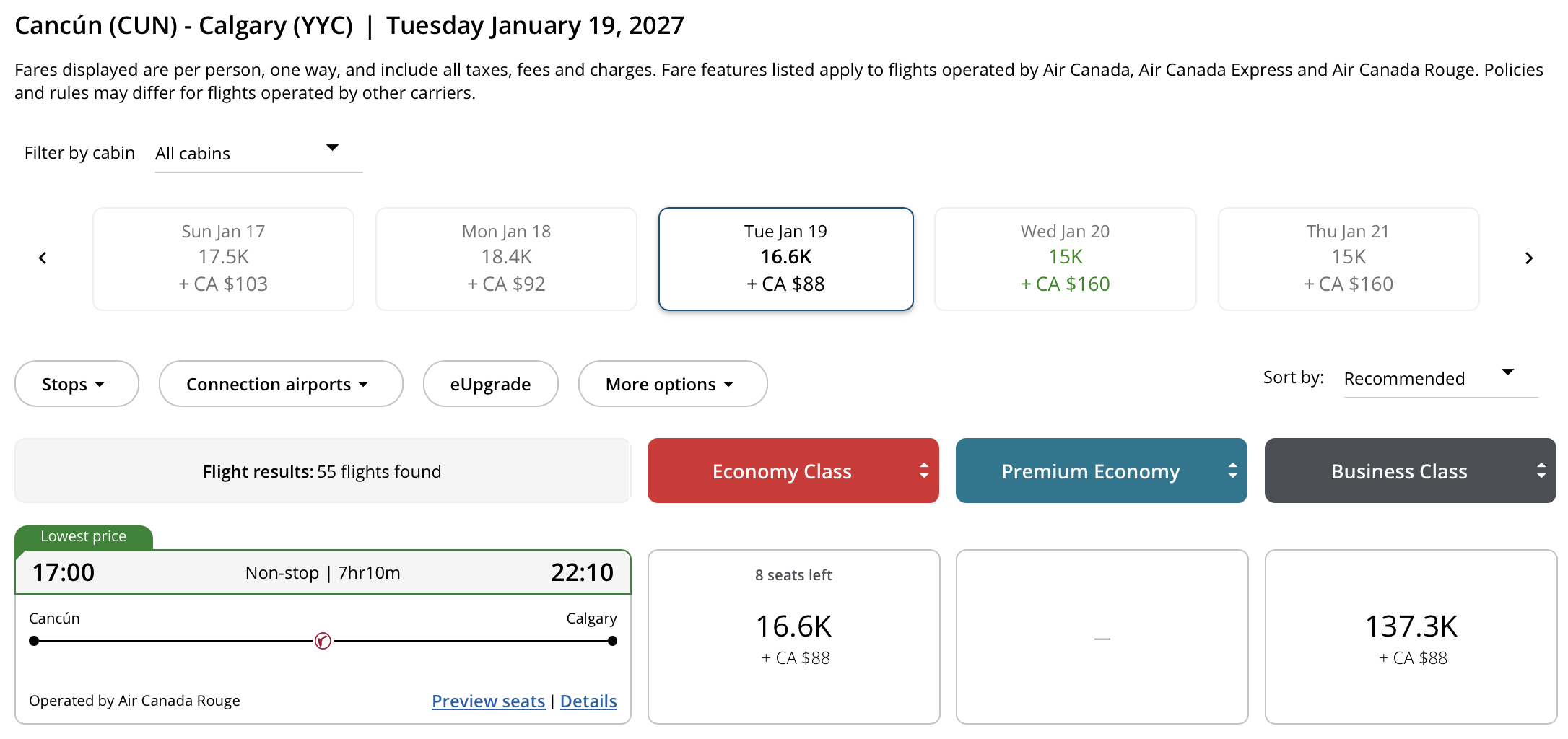 Calgary to Cancún Aeroplan – Inbound availability