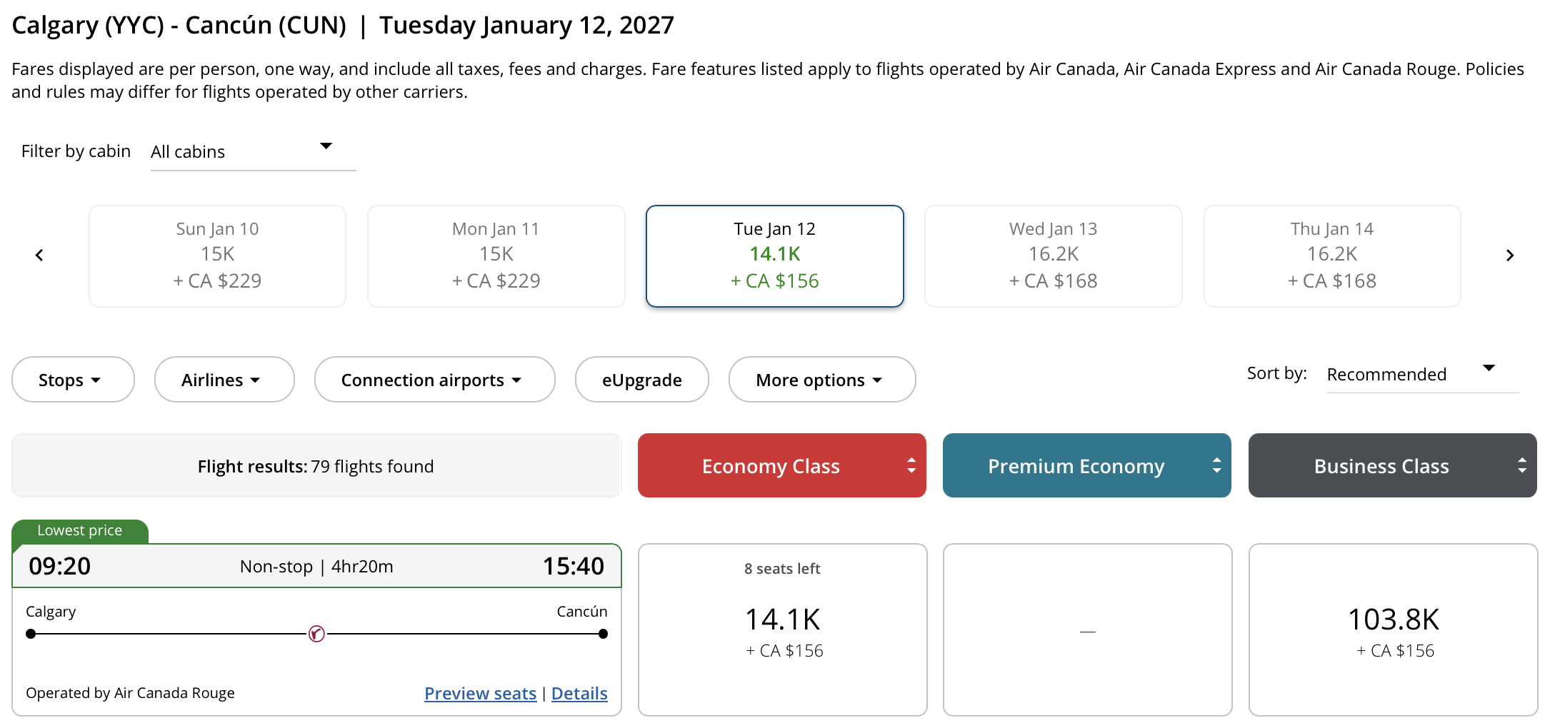 Calgary to Cancún Aeroplan – Outbound availability