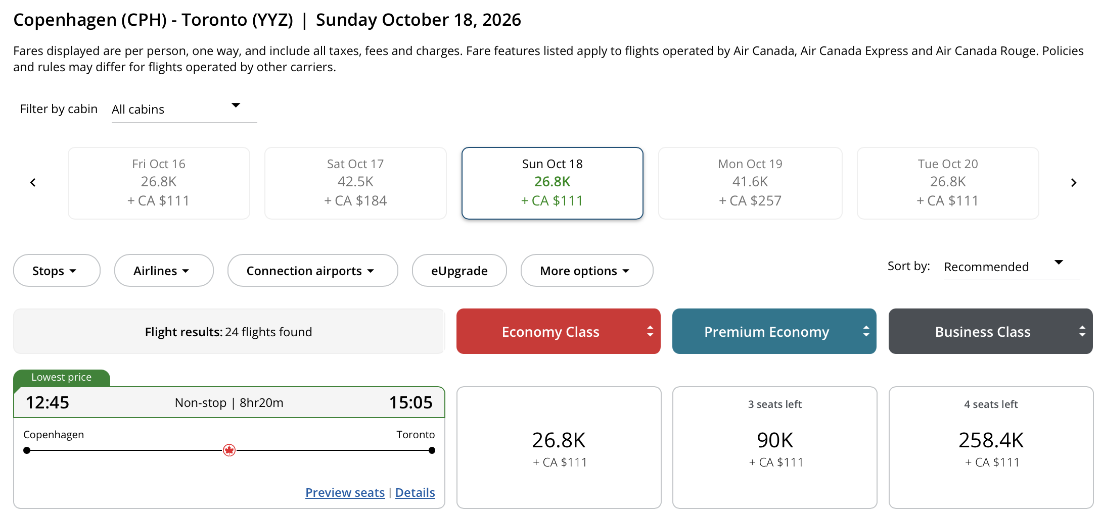Toronto to Copenhagen Aeroplan – Inbound availability