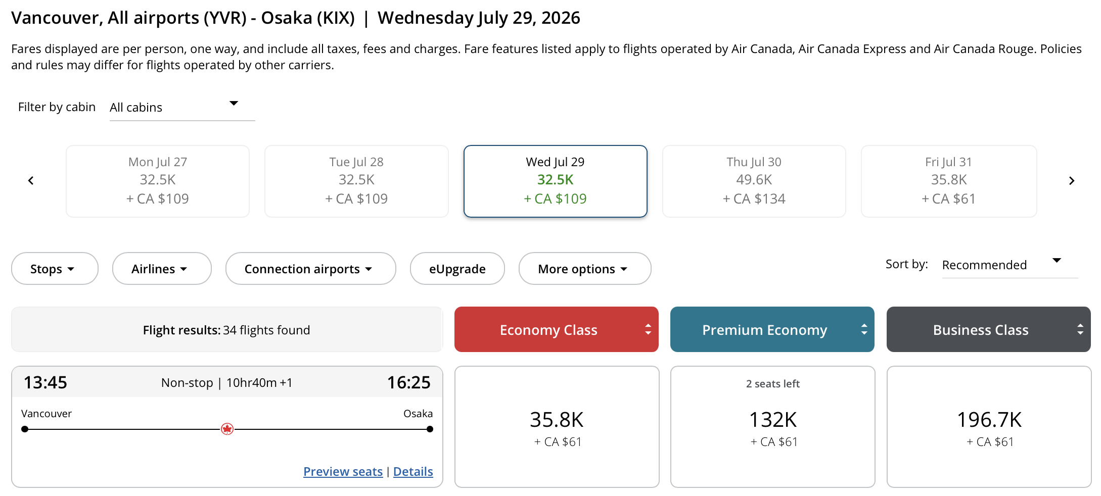 Vancouver to Osaka Aeroplan – Outbound availability