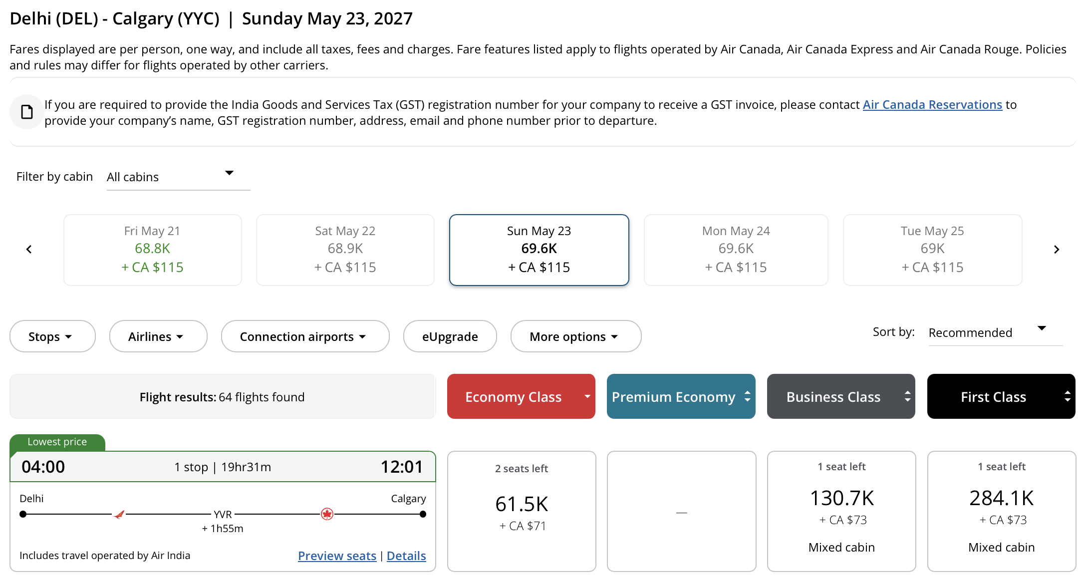 Calgary to Delhi Aeroplan – Inbound availability