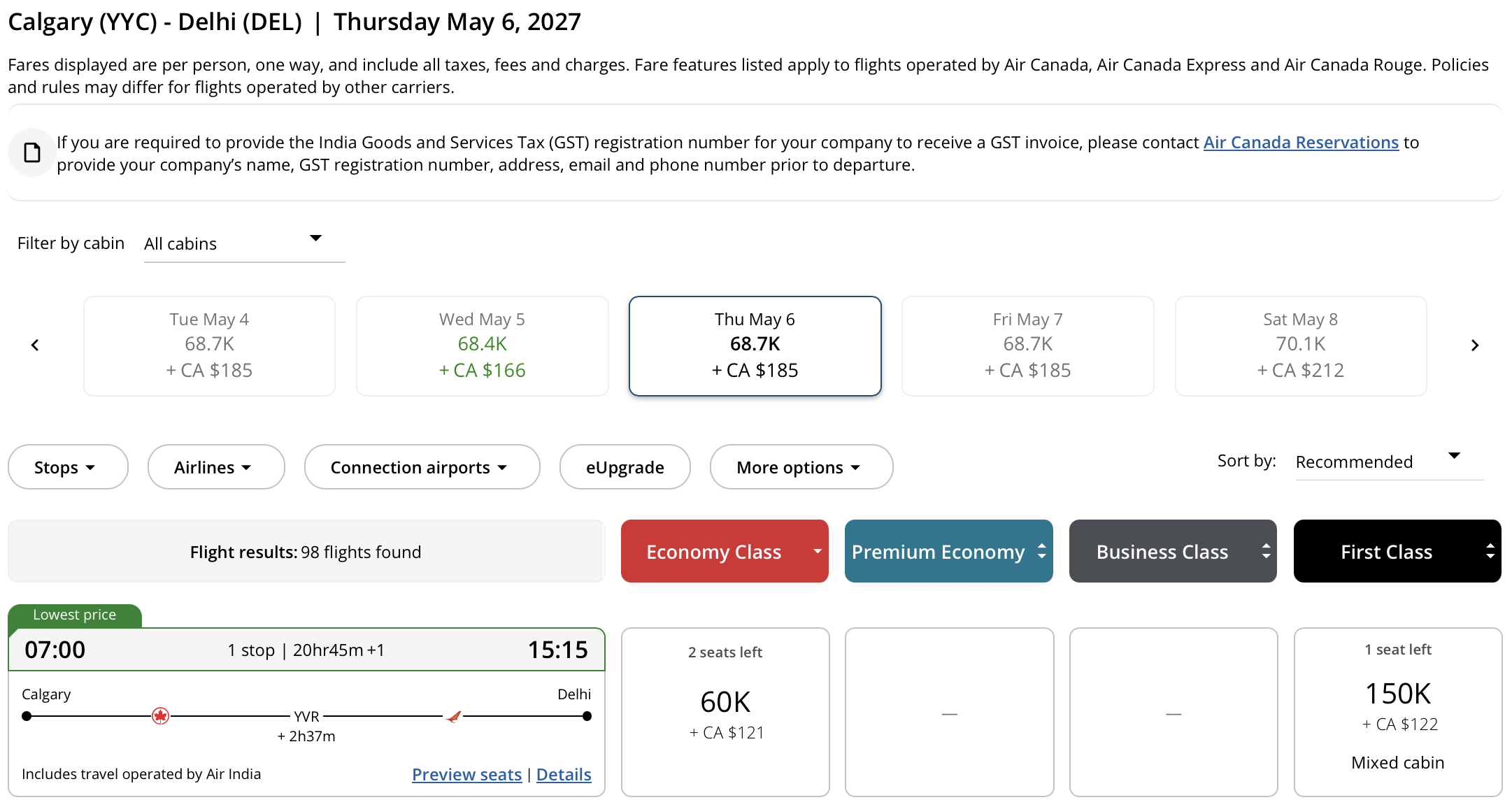 Calgary to Delhi Aeroplan – Outbound availability