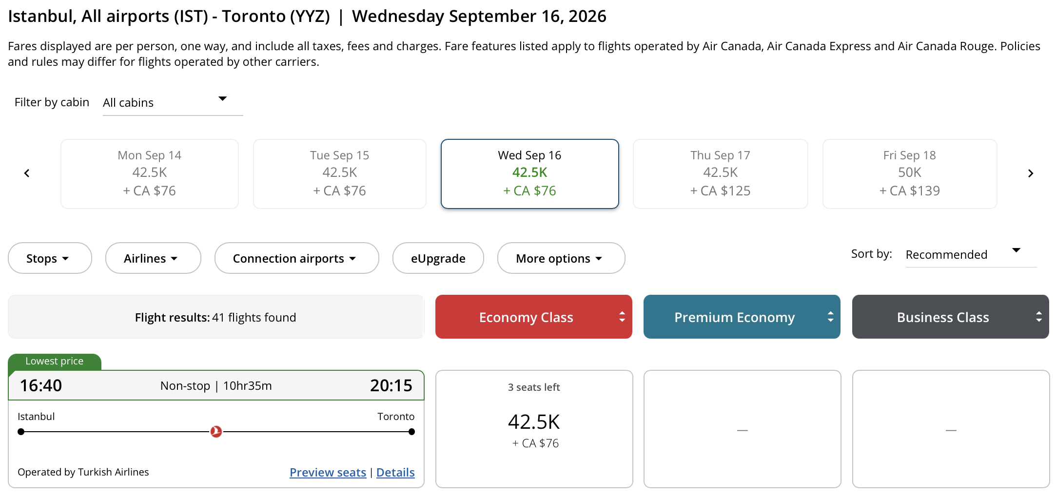 Toronto to Istanbul Aeroplan – Inbound availability