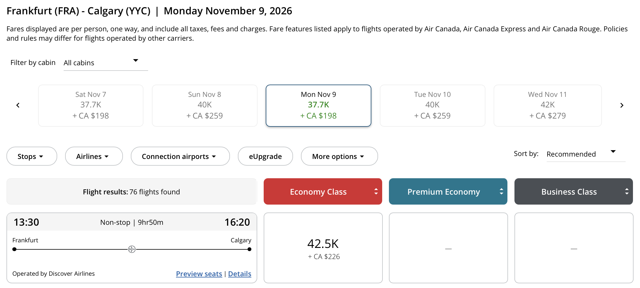 Calgary to Frankfurt Aeroplan – Inbound availability