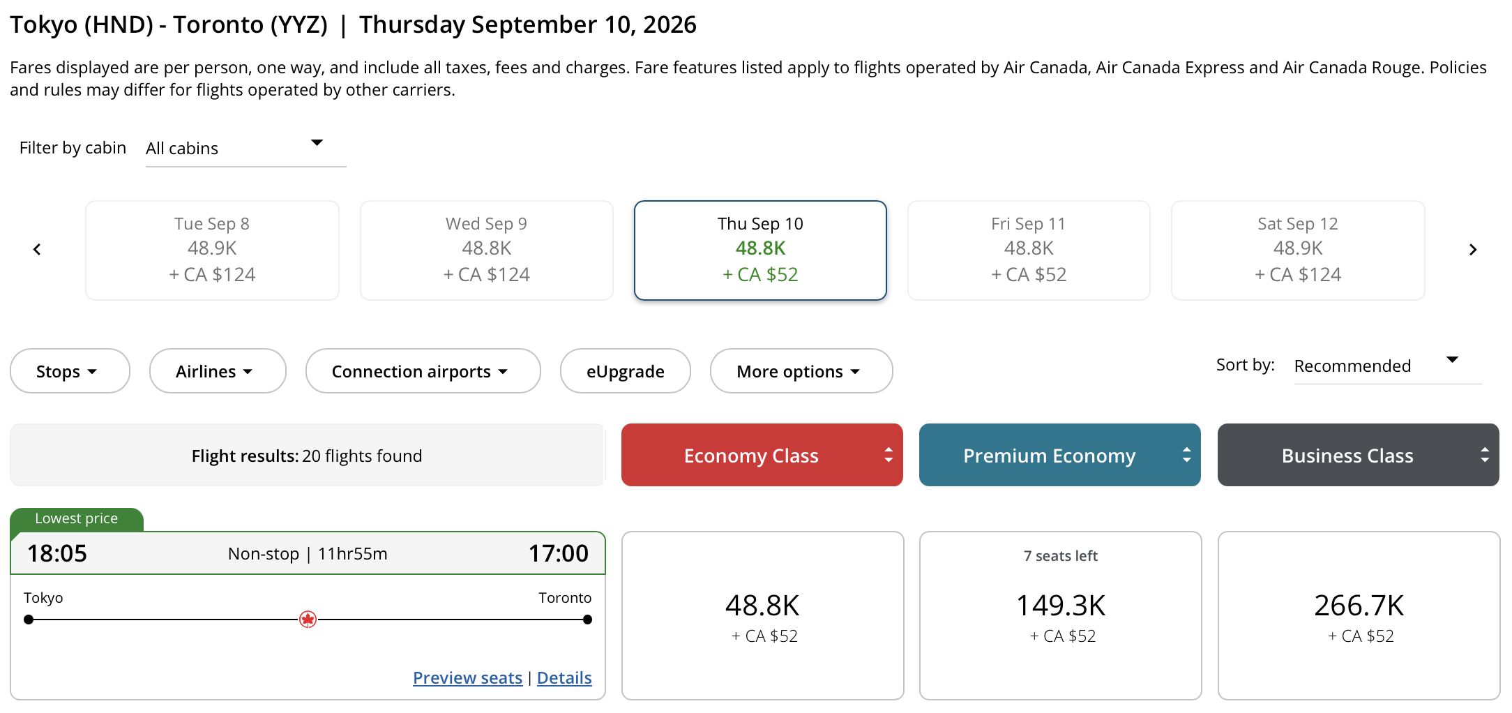Toronto to Tokyo Haneda Aeroplan – Inbound availability