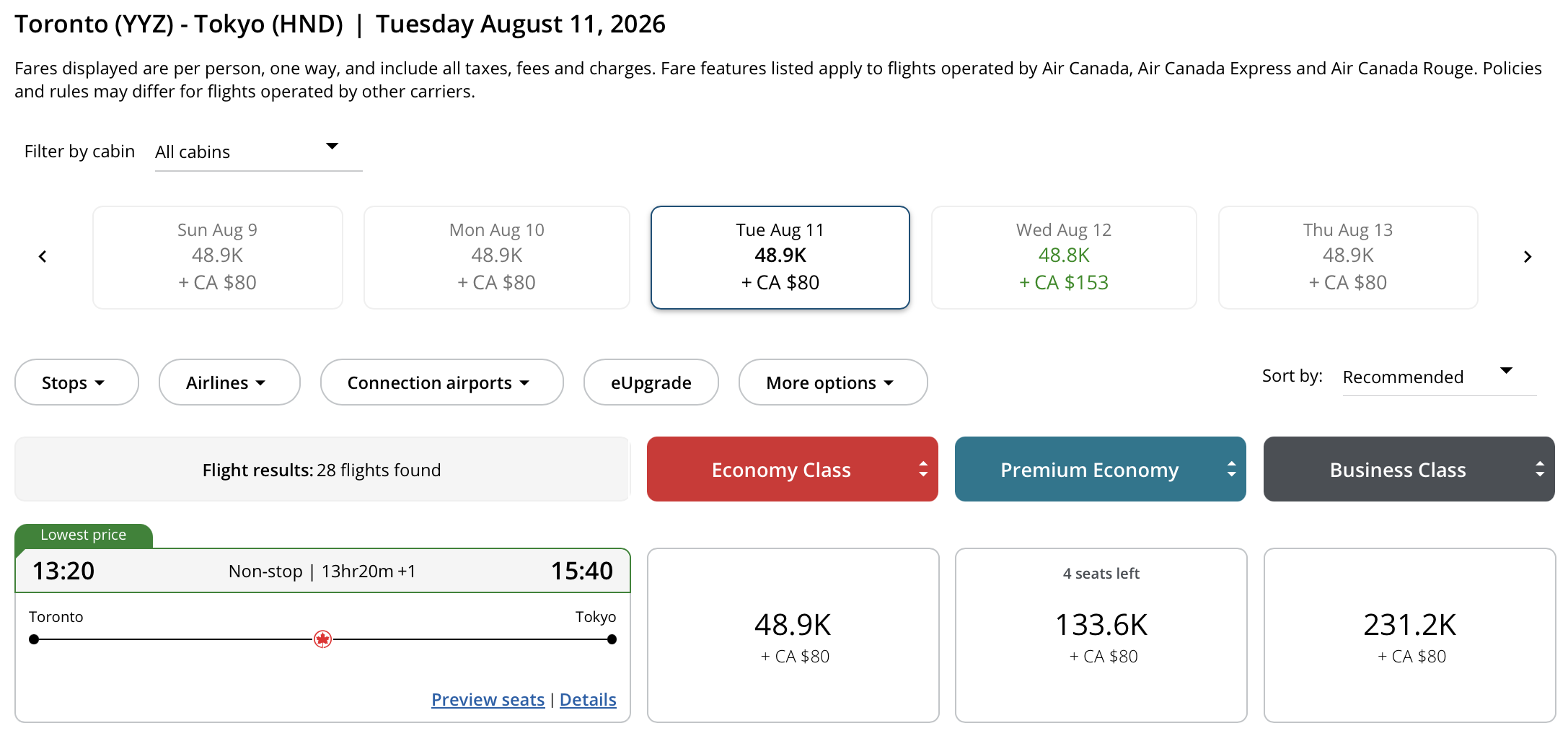 Toronto to Tokyo Haneda Aeroplan – Outbound availability