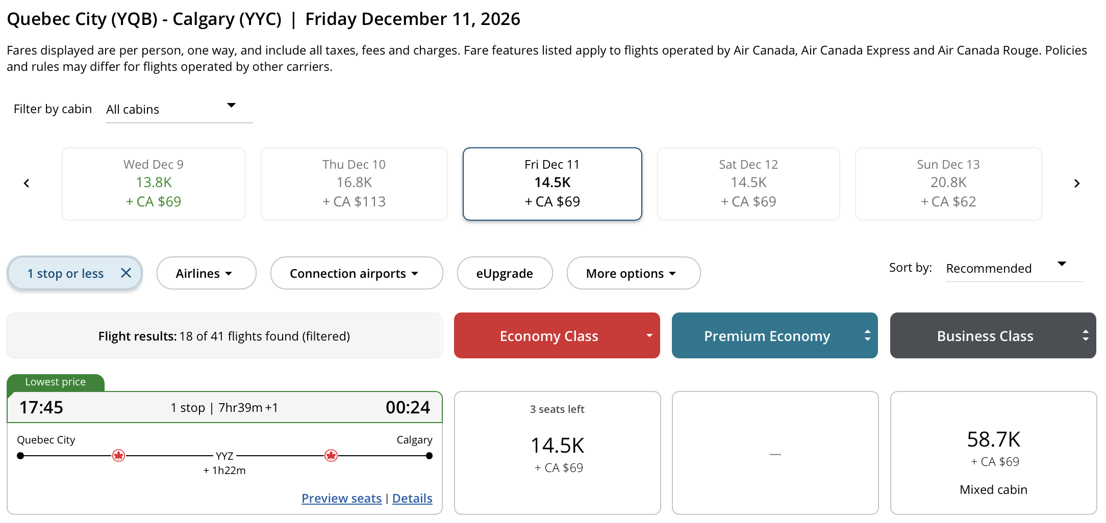 Calgary to Québec City Aeroplan – Inbound availability