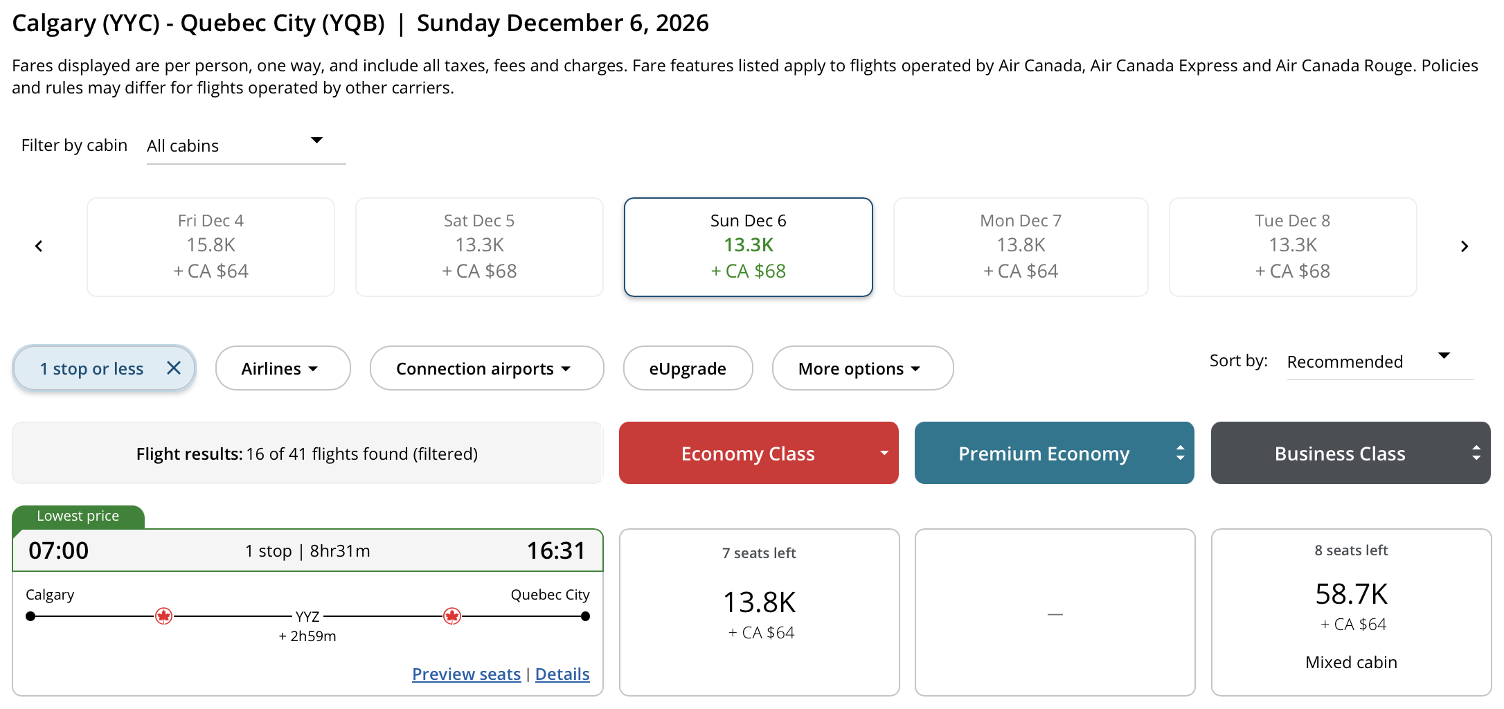 Calgary to Québec City Aeroplan – Outbound availability