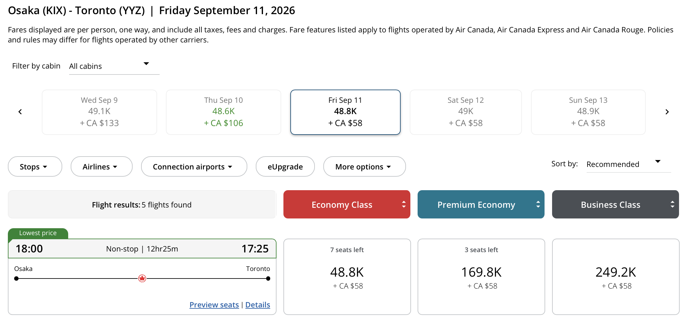 Toronto to Osaka Aeroplan – Inbound availability