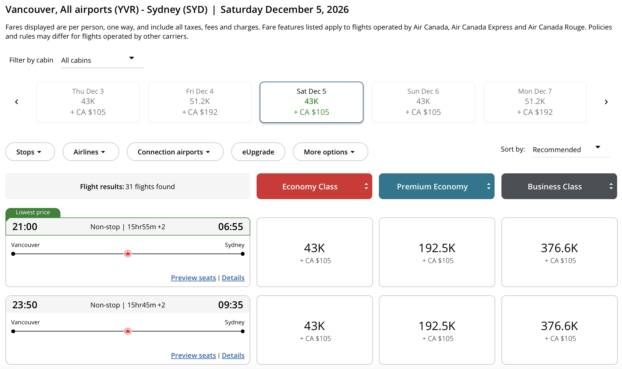 Vancouver to Sydney Aeroplan – Outbound availability