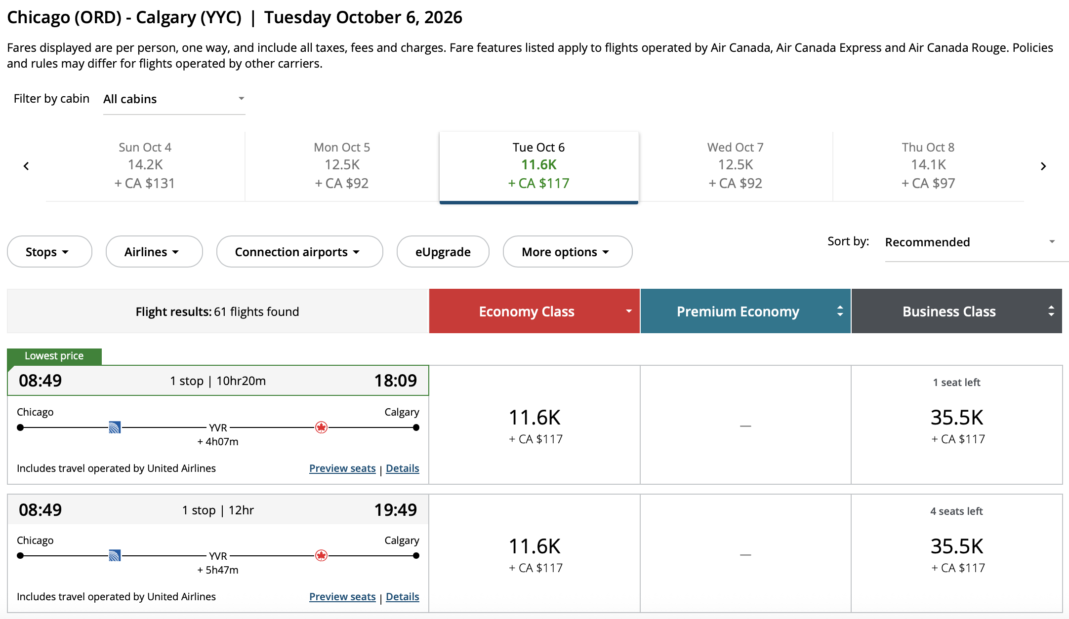 Calgary to Chicago Aeroplan – Inbound availability