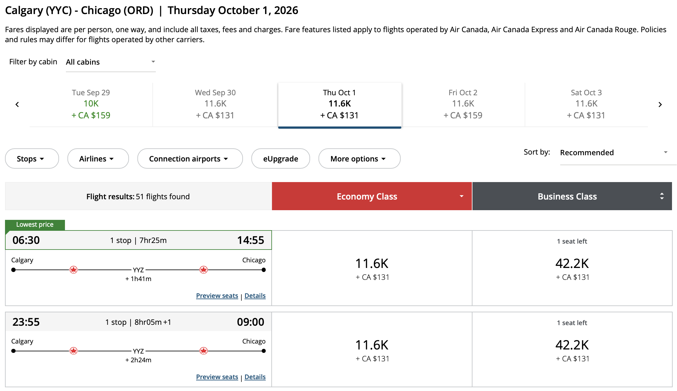 Calgary to Chicago Aeroplan – Outbound availability