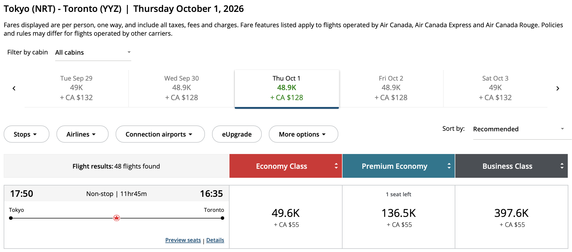 Toronto to Tokyo Aeroplan – Inbound availability
