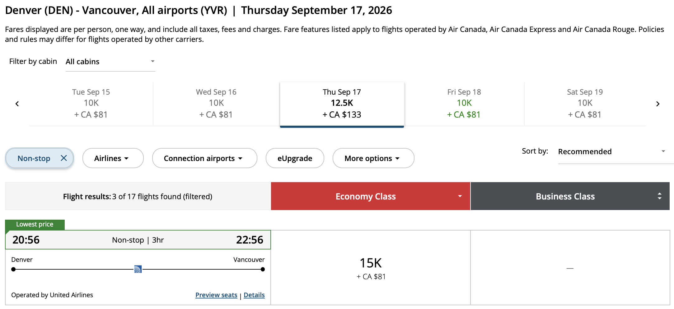 Vancouver to Denver Aeroplan – Inbound availability