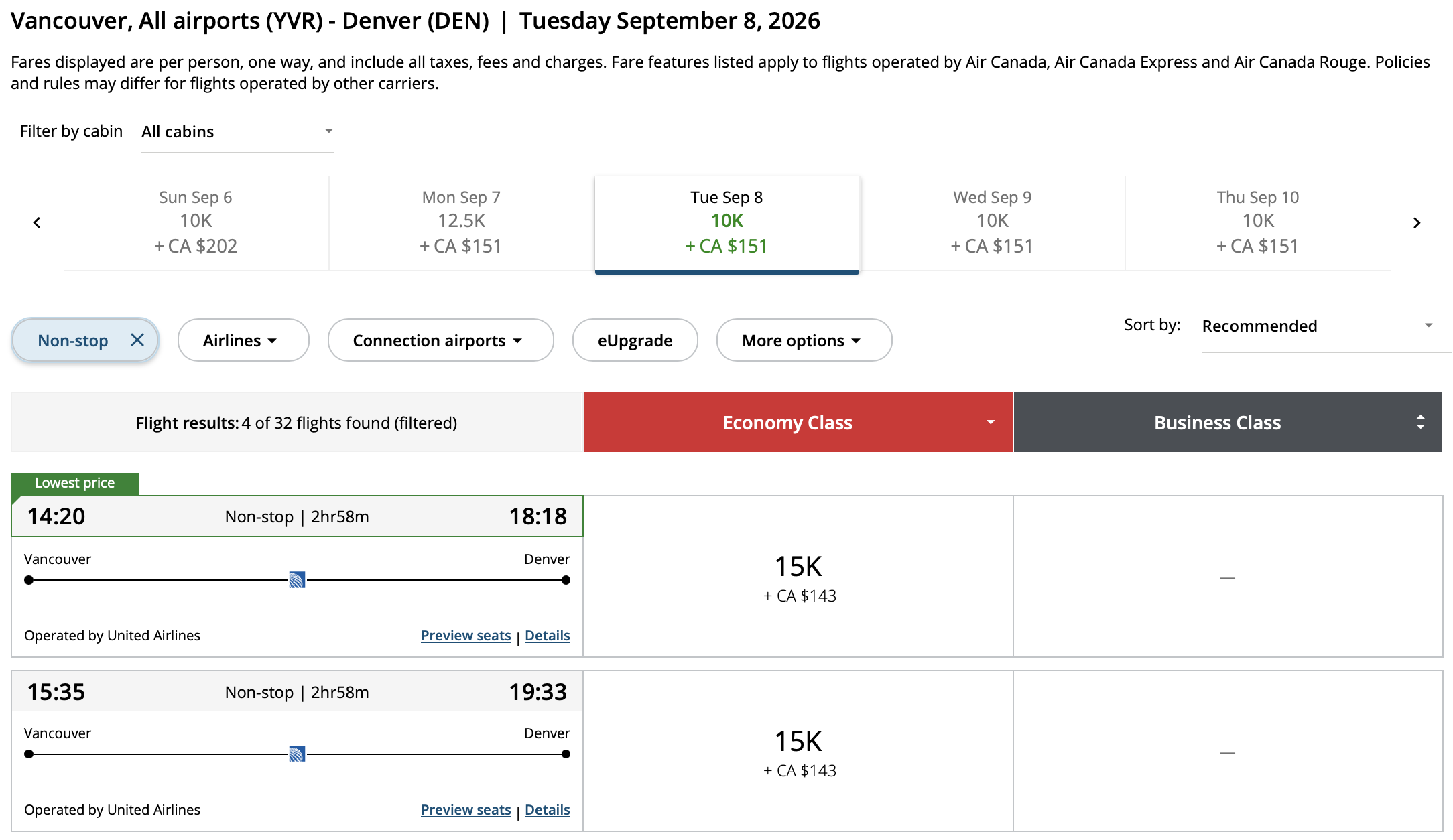 Vancouver to Denver Aeroplan – Outbound availability