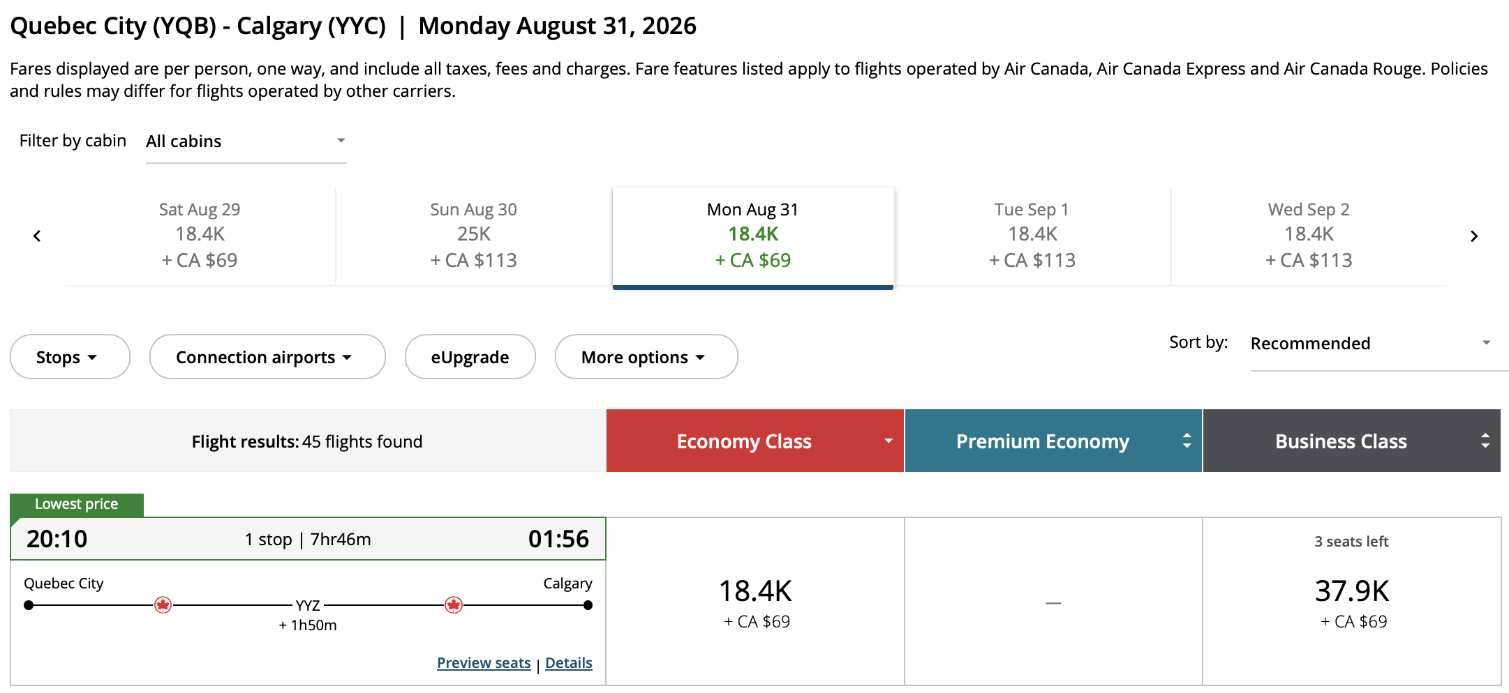 Calgary to Qu&eacute;bec City Aeroplan – Inbound availability